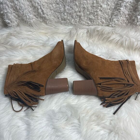 Nine West leather suede Brown Fringe ankle Boots Peep toe back zipper SZ9.5M - Picture 6 of 12